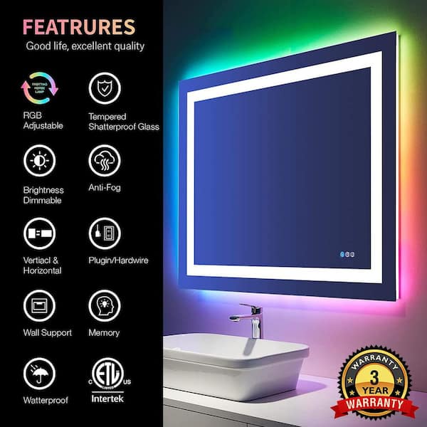40 in. W x 32 in. H Rectangular Frameless RGB Backlit, LED Frontlit Anti-Fog Tempered Glass Wall Bathroom Vanity Mirror