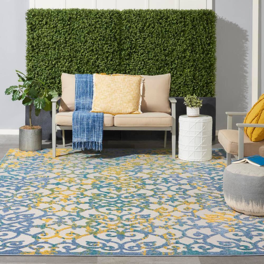 Aloha Ivory Blue Floral 9' x 12' Reversible Outdoor Rug