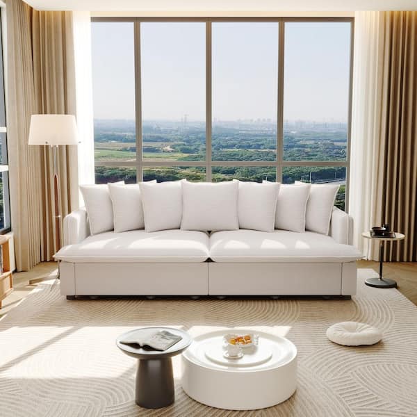 Ruby 81.8 in. Beige White Corduroy King Size Sofa Bed with Bluetooth Speakers, USB Ports, Multiple Pillows, Side Pockets