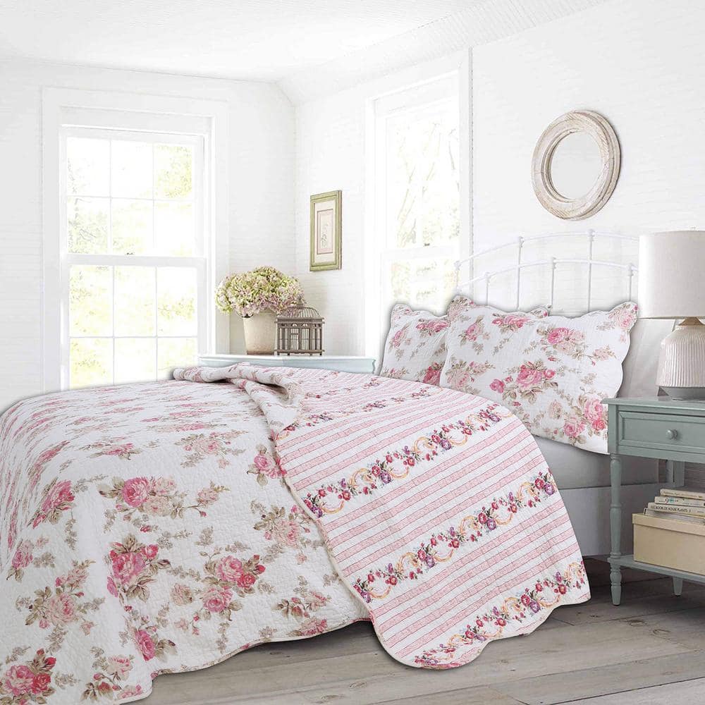 Cozy Line Home Fashions Romantic Cottage 3 Piece Peachy Pink Peony Shabby Chic Chintz Floral