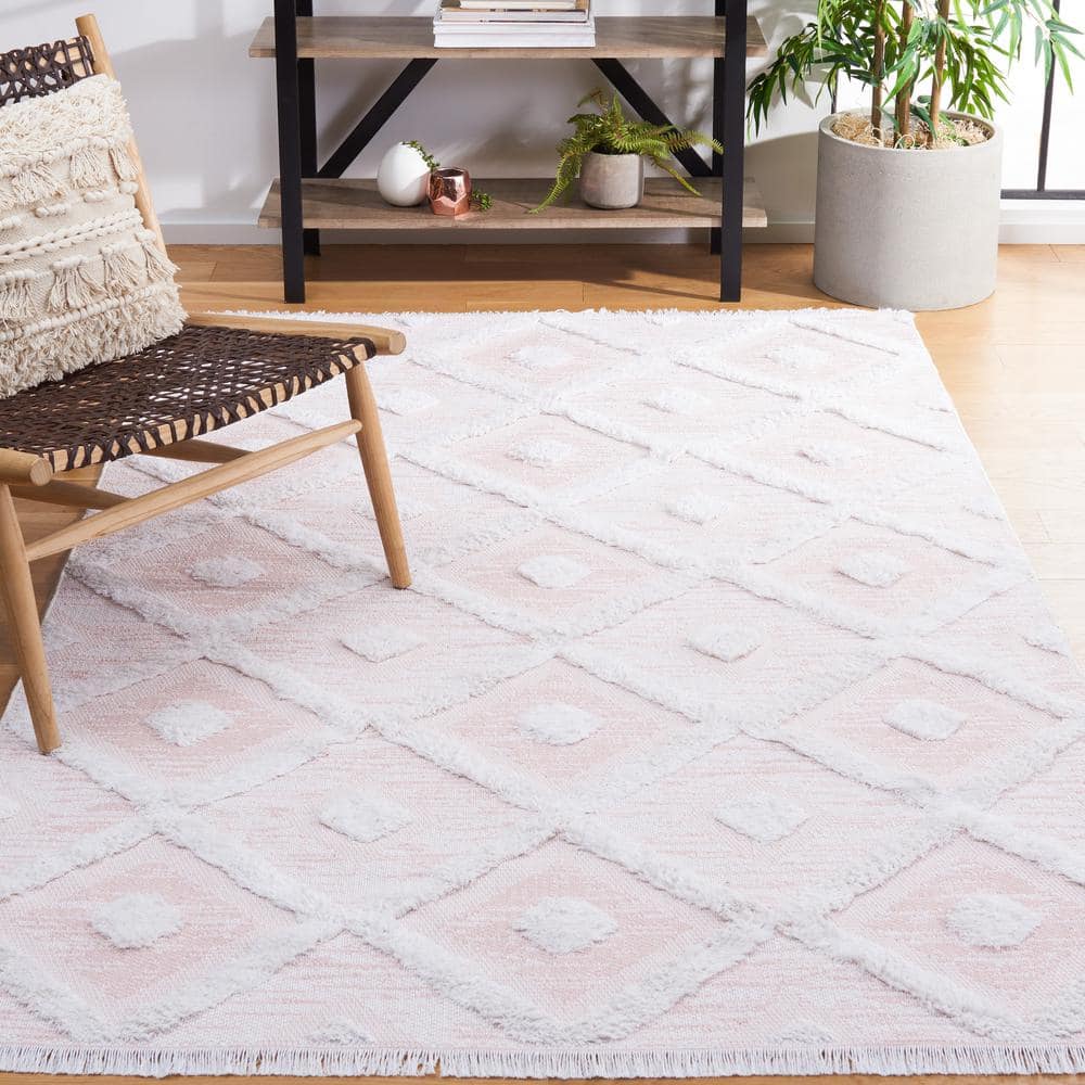 Ivory and Pink Boho-Mod Augustine 54'' Flat Woven Area Rug