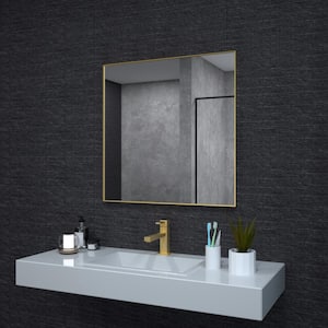 Aura 30 in. W. x 30 in. H Rectangular Framed Wall Bathroom Vanity Mirror in Brushed Gold