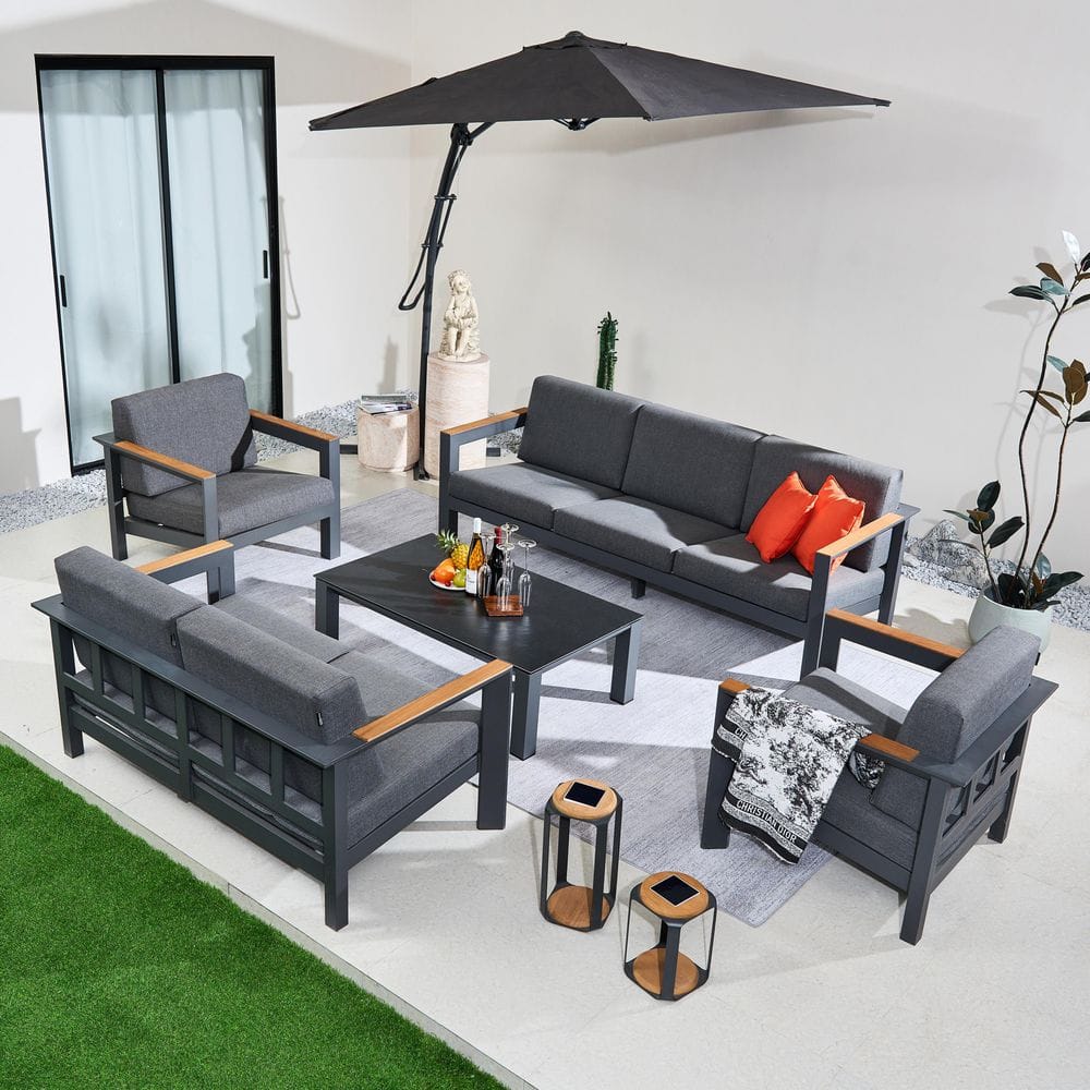 Lois Black 5-Piece Wood Patio Conversation Sofa Set with Black Cushions price history on PriceWatchPro