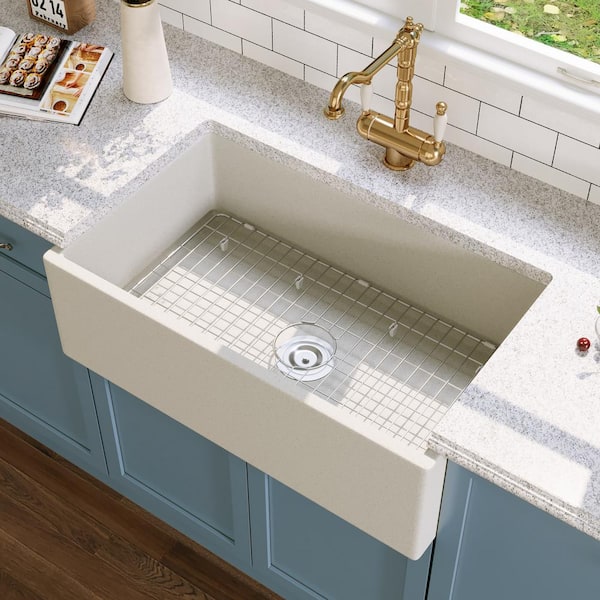 DEERVALLEY Grit Yellow 30 in. Farmhouse Apron Front Single Bowl Concrete Kitchen Sink with Grid and Strainer