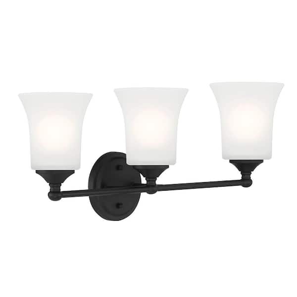 Designers Fountain Bronson 23 in. 3-Light Matte Black Transitional Vanity Light with Etched Glass Shades