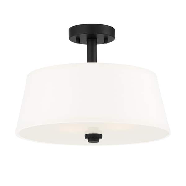 Studio 15 in. 2-Light Matte Black Transitional Entryway Semi-Flush Mount with White Fabric Shade