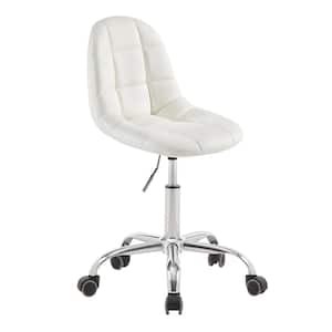 Modern Armless Home Office Stool, Height Adjustable Office Desk Chair, PU Leather 360-Degree Swivel with Wheels, White