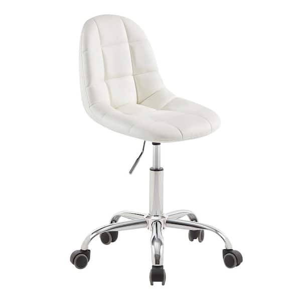 VECELO Modern Armless Home Office Stool, Height Adjustable Office Desk Chair, PU Leather 360-Degree Swivel with Wheels, White