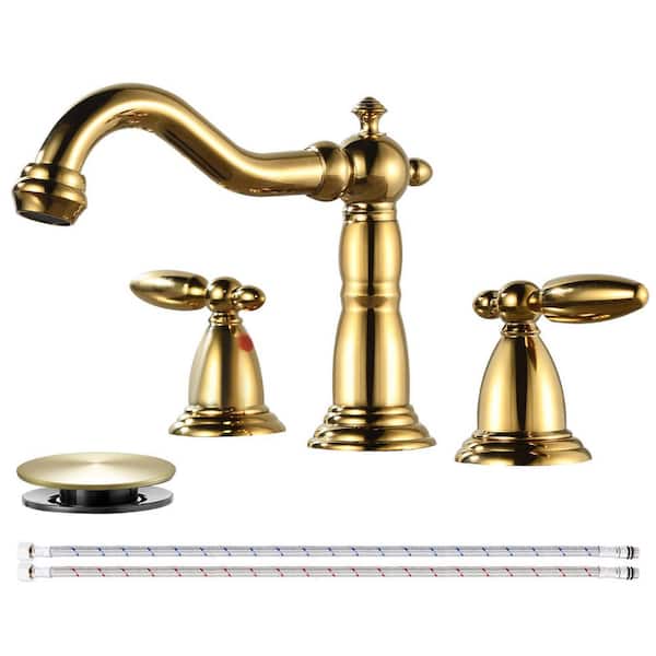 Double handles 8 in. Widespread Bathroom Faucet 3-Hole Bathroom Sink Faucet in Polished Gold