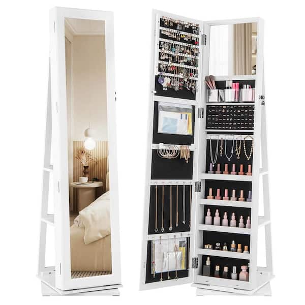 White MDF 360° Swivel Jewelry Box with Full-Length Mirror Rear Shelves Makeup Mirror