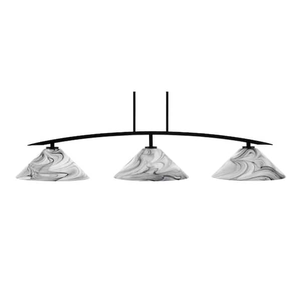 Unbranded Siena 3-Light Matte Black Billiard Light with 16 in. Onyx Swirl Glass Shades No Bulbs Included