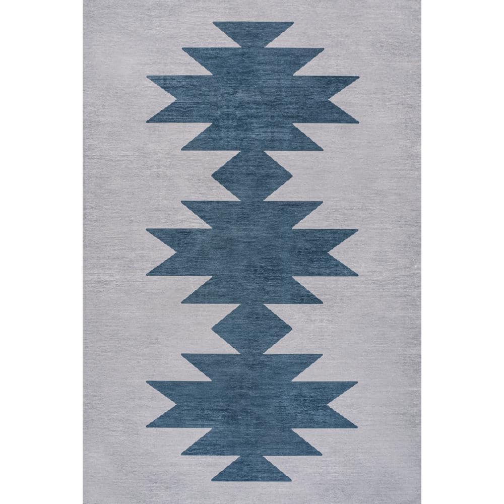 Chayton Minimalist Geometric Gray and Blue Washable Area Rug