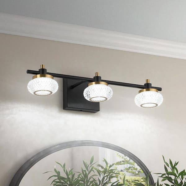 19 in. 3 Light Black and Gold LED Vanity Light Bar with Clear Acrylic Shade