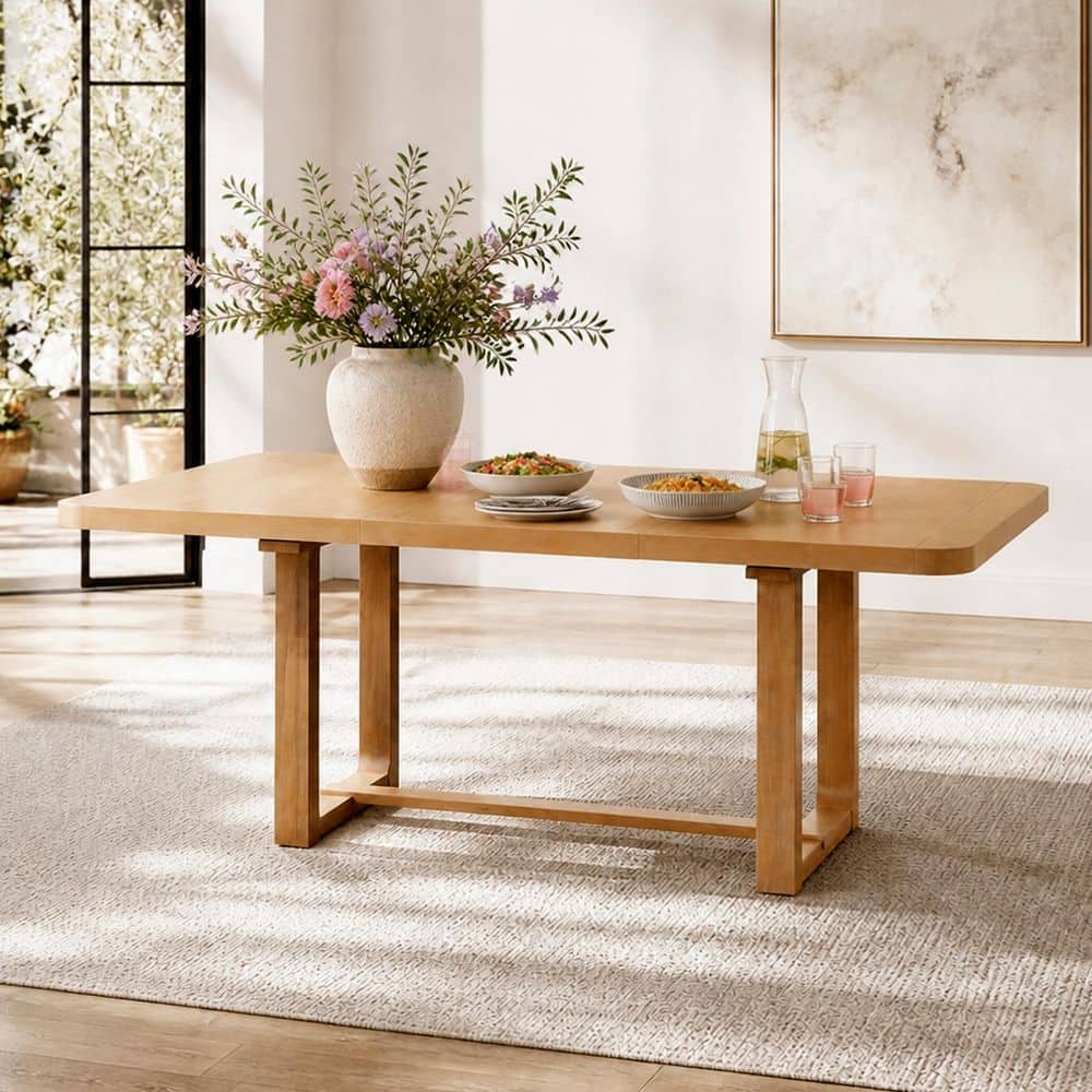 Natural Rectangle Solid Wood 84 in. Trestle Base Extendable Dining Table Seats 6 price history on PriceWatchPro