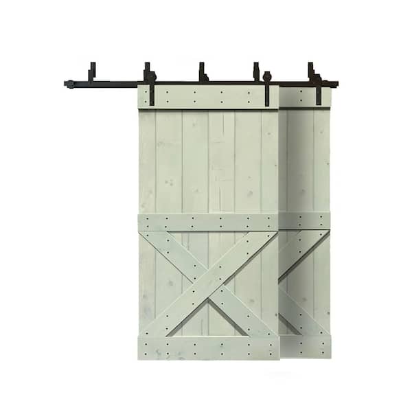 CALHOME 84 in. x 84 in. Mini X Bar Bypass Sage Green Stained Solid Pine Wood Interior Double Sliding Barn Door with Hardware Kit