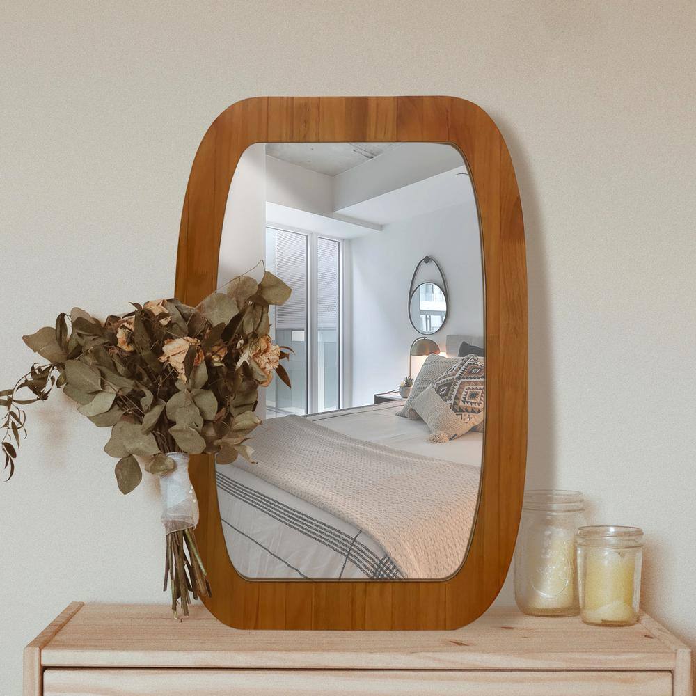 33" x 25" Brown Wood Framed Irregular Rectangular Wall Mirror