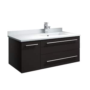 Lucera 36 in. W Wall Hung Bath Vanity in Espresso with Quartz Stone Vanity Top in White with White Basin