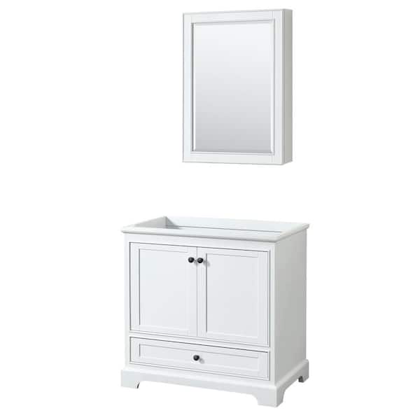 Wyndham Collection Deborah 35.25 in. W x 21.5 in. D x 34.25 in. H Single Bath Vanity Cabinet without Top in White with Med Cab Mirror