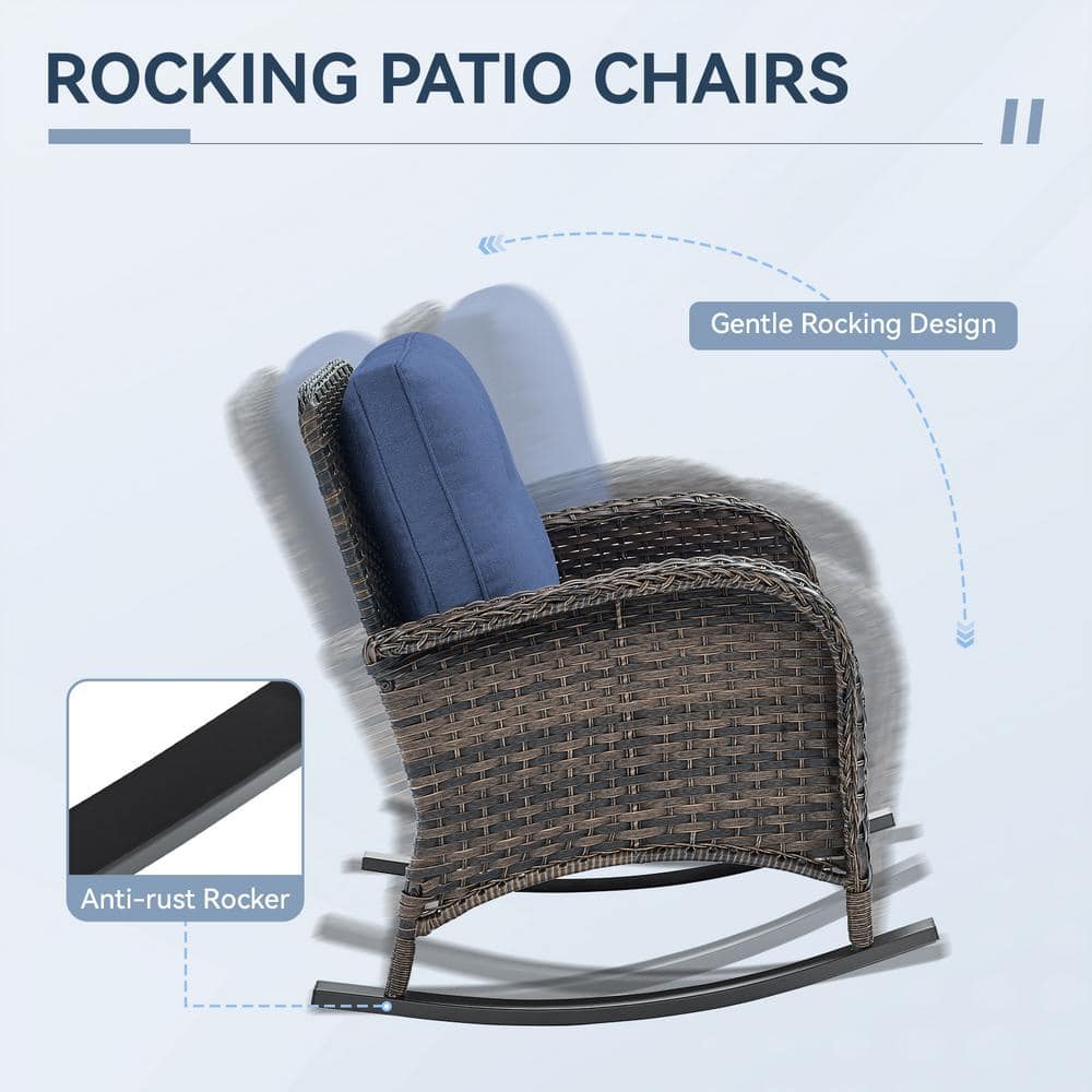 Brown Steel Wicker Rocking Chair with Blue Cushions