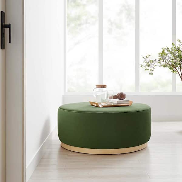 Tilden Large 38 in. Round Performance Velvet Upholstered Ottoman in Moss Green Natural