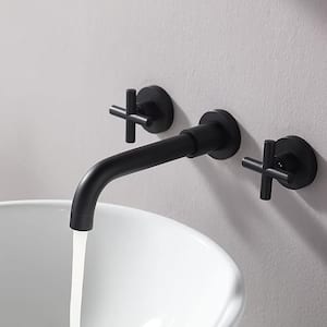 Double-Handle Wall Mount Bathroom Faucet with Cross Handle Lavatory Sink Faucet in Matte Black