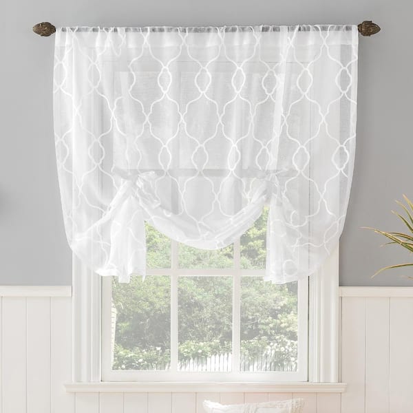 No. 918 Allerton Rod Pocket 52 in. W x 63 in. L White Embroidered Trellis Fabric Window Tie-up Shade
