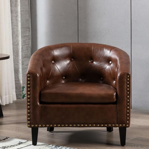 Polibi 28.3 in. W Dark Brown PU Leather Barrel Club Chairs for Living Room Bedroom