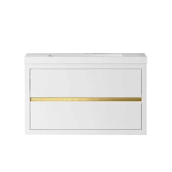 36 in. Wall-Mounted Glossy White Bath Vanity with Glossy White Solid Surface Top Assembled
