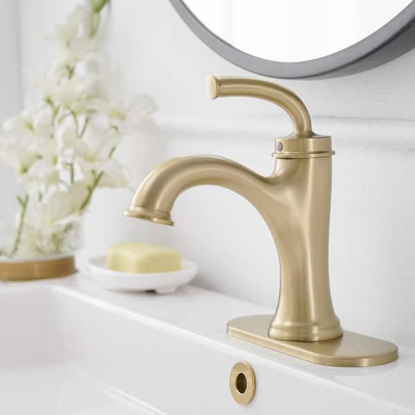 Single Handle Single Hole Bathroom Faucet with Deckplate Included and Drain Kit Included in Brushed Gold
