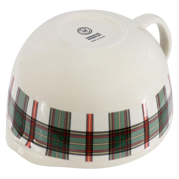 Martha Stewart 3 Piece Holiday Plaid Stoneware 3.4 qt. Batter Mixing Bowl Set with Silicone Spatulas in White