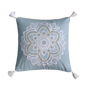 Angelica Linen Blue, White, Gold Floral Embroidered 18 in. x 18 in. Throw Pillow
