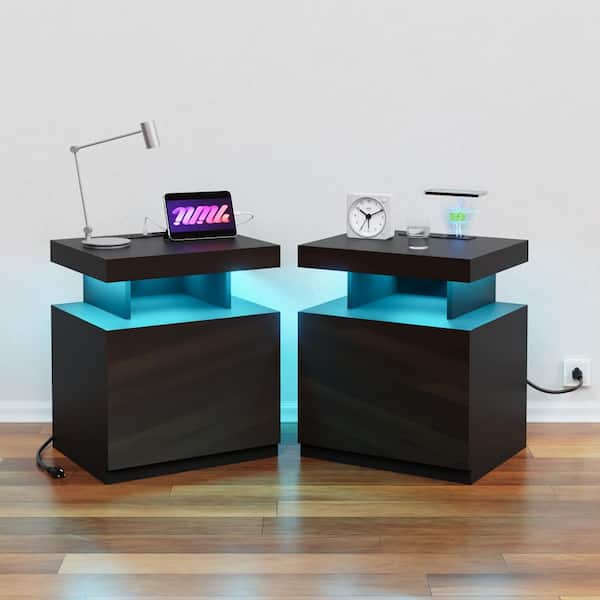 Hommpa Modern Black 2-Drawers 19.7 in. W x 22.83 in. H x 15.8 in. D Nightstand with Wireless Charger and LED Light (Set of 2)