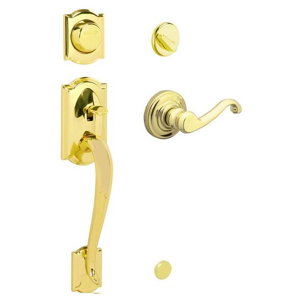 Schlage Camelot In-Active Bright Brass Handleset with Right-Hand Flair Lever