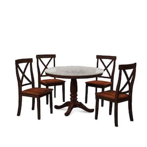 5-Piece Espresso Solid Wood X-Back Dining Set with 1-Marble Kitchen Room Table and 4-Chair