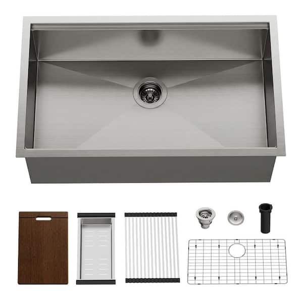 32 in. Undermount Single Bowl 16-Gauge Stainless Steel Kitchen Sink Basin with Bottom Grids and Accessories