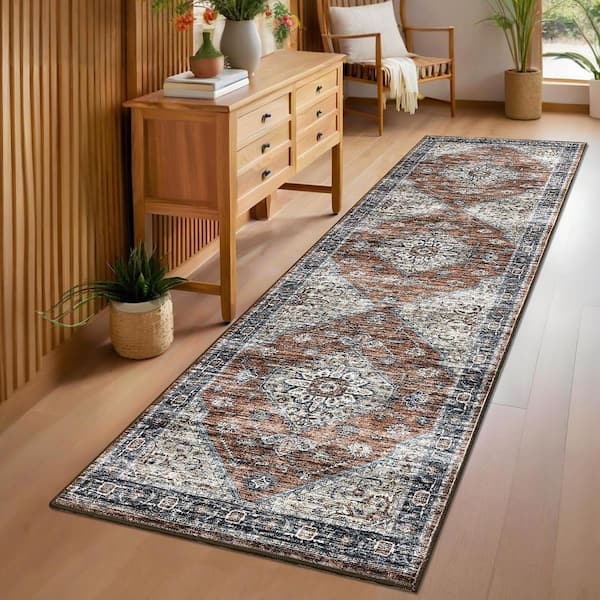 Vintage Printed Rug Distressed Floral Carpet Soft Non-slip Thin Carpet for Bedroom Living Room Farmhouse Red，2X6ft