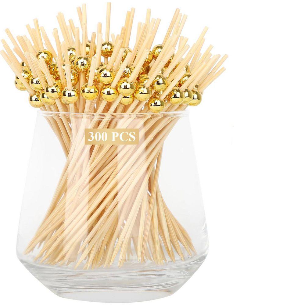 Gold Pearl Fancy Cocktail Picks Gold Decorative Disposable Bamboo Toothpicks Appetizer Skewers 300PCS Per Case