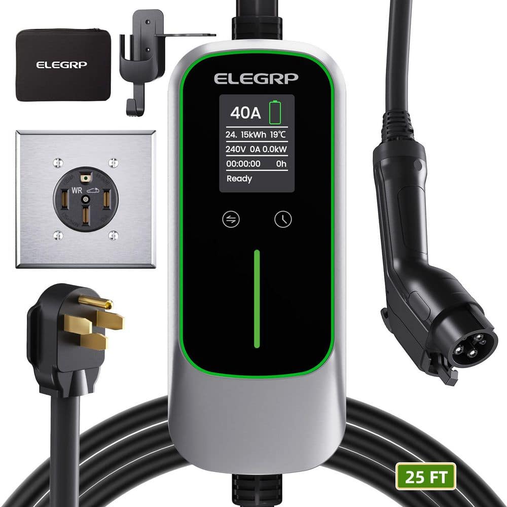 ELEGRP Portable Electric Vehicle Charger Level 2, EV Charger 240V 40A for BEVs/PHEVs, 25 ft. Cable W/NEMA 14-50 Outlet and Plug