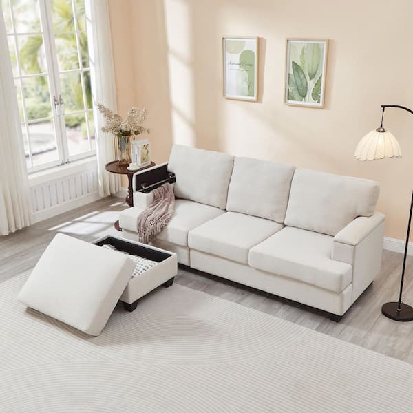 Vesper Modern 85.83 in. 3-Piece Linen Upholstered Modular Sectional Sofa in. Beige with Storage Ottoman