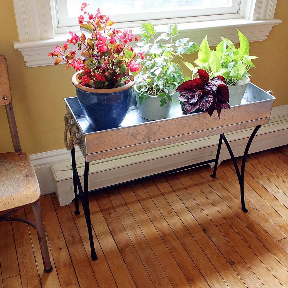 28" Black and Galvanized Steel Trestle Plant Stand