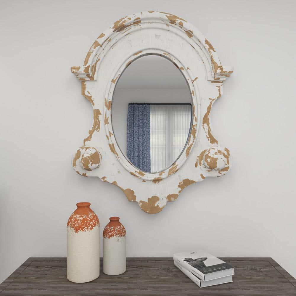 White Carved Oval Wood Wall Mirror with Arched Top
