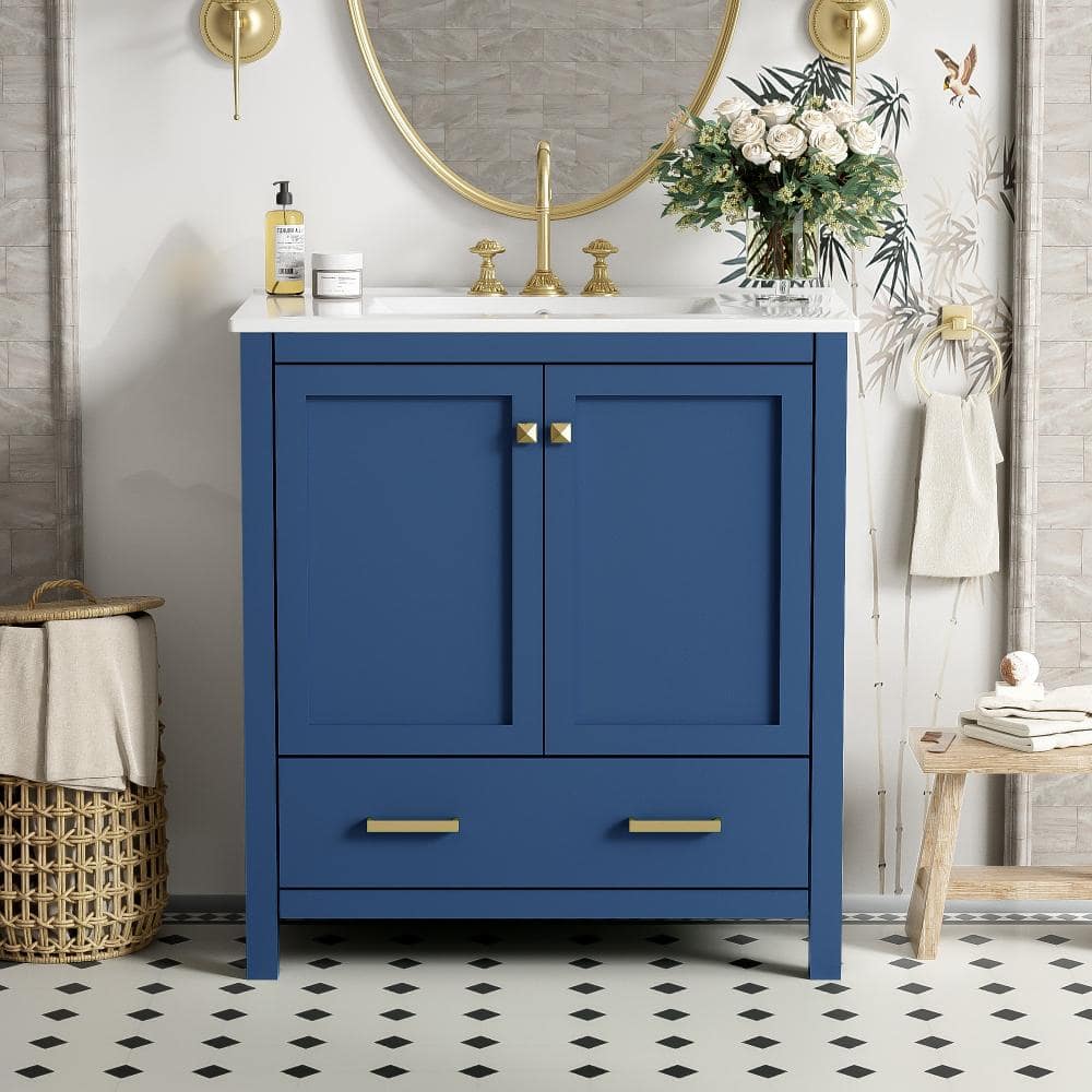 30 in. Single Sink Freestanding Blue Bath Vanity with White Ceramic Top, 1 Drawer & 2 Soft Close Doors price history on PriceWatchPro