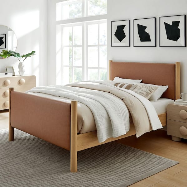 Maven Brown Wood Frame Queen Platform Bed with Faux Leather Upholstered Headboard and Footboard