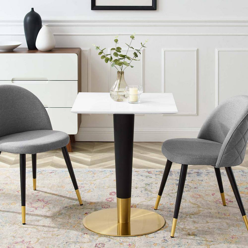 Zinque 24" White MDF Square Dining Table with Black and Gold Pedestal Base