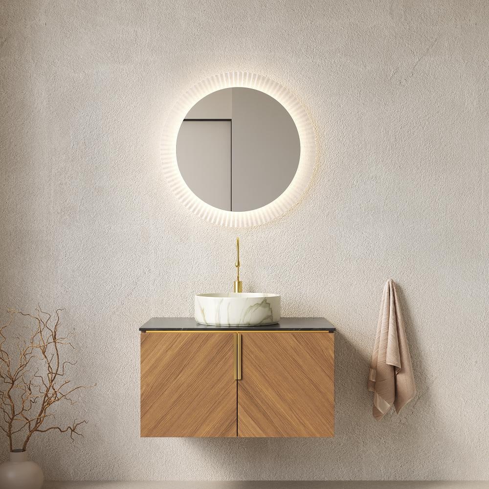 "30"" Floating Plywood Vanity , 2 Doors, Black Sintered Countertop & White Stone-Pattern Basin, Brown Oak" price history on PriceWatchPro