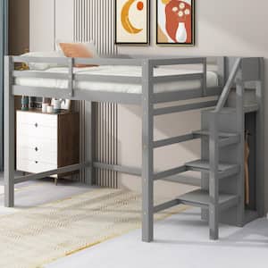 Gray Full Size Wood Loft Bed with Staircase and Built-in Storage Wardrobe