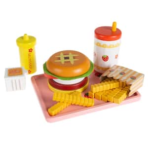Fast Food Playset with Cheeseburger Meal, Stackable Burger Topping, Condiments, Fries, Drink and Serving Tray