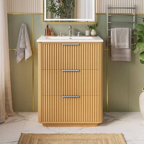 24 in. Freestanding Single Sink Nature Wood Bath Vanity with White Ceramic Top with 3-Drawers