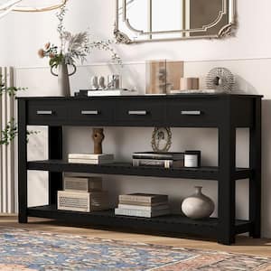 62.2 in. Black Rectangle MDF Stylish Entryway Console Table with 4 Drawers and 2 Shelves