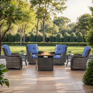 7-Piece Brown Wicker Fire Pit Conversation Set with Olefin Blue Cushions and 4 Swivel Glider Chairs and Side Tables